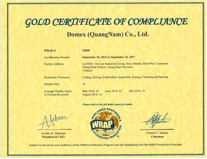 2016-09-26 Certification 18560 (Gold) Domex (QuangNam) Co., Ltd