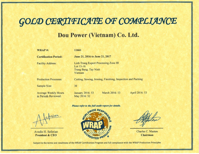 2016-06-21 Certificate 11661 (Gold) Dou Power (Vietnam) Co. Ltd